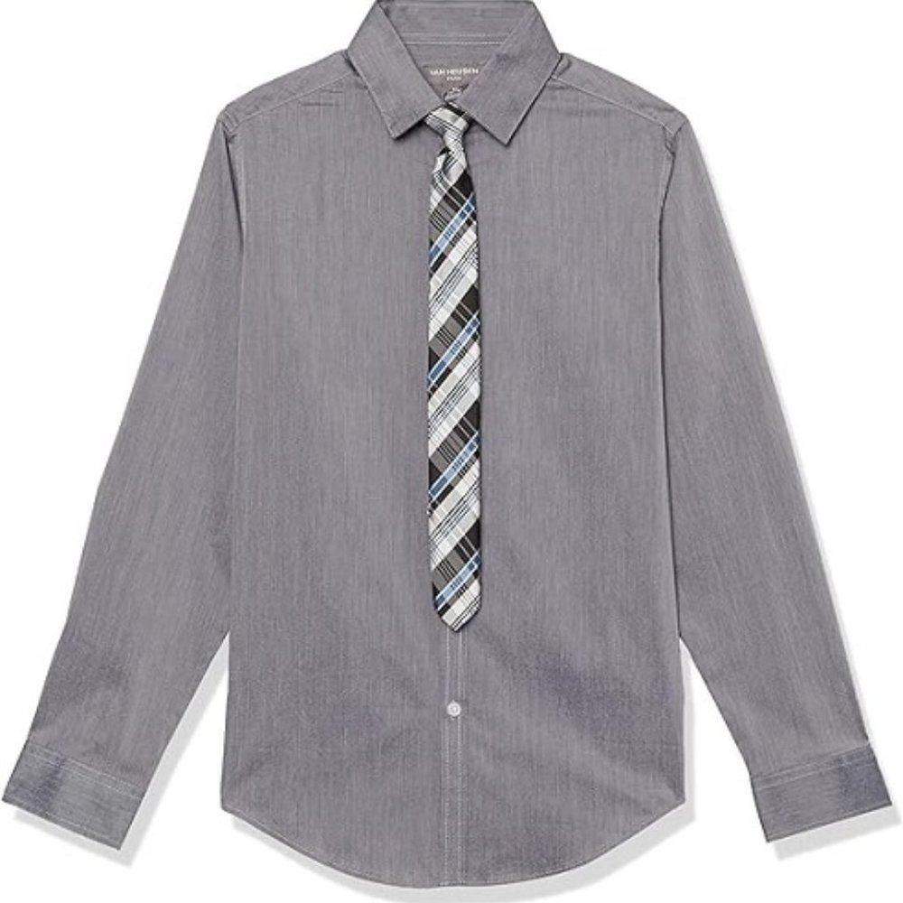 Van Heusen Button Up Shirt & Tie Set, Big Boys XL, Gray